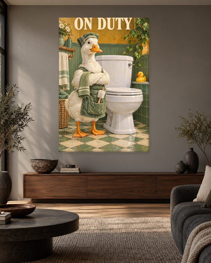 White duck in a green cap and apron with a toilet brush under On Duty lettering – funny toilet sign canvas