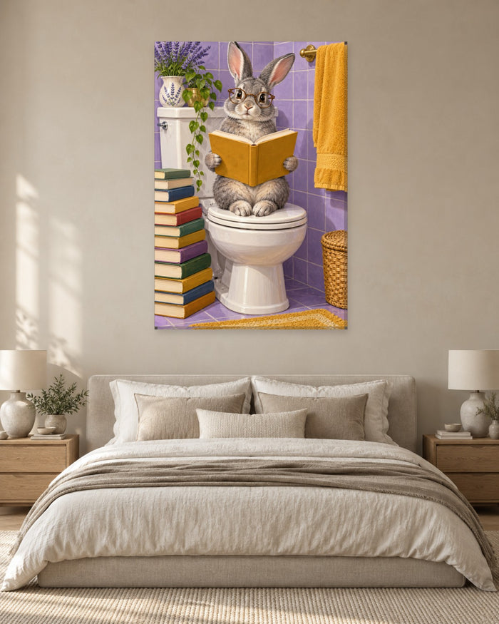 Grey rabbit in round glasses reading a book on the toilet beside a stack of books – tall funny bathroom canvas