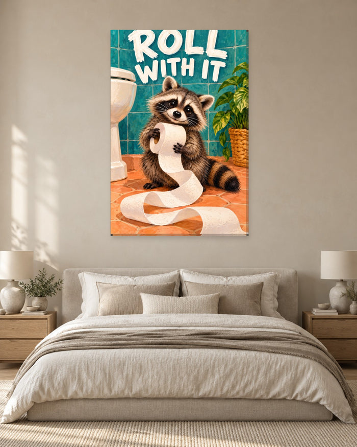 Grinning raccoon hugging an unrolled toilet roll under Roll With It lettering on teal tiles – funny bathroom canvas