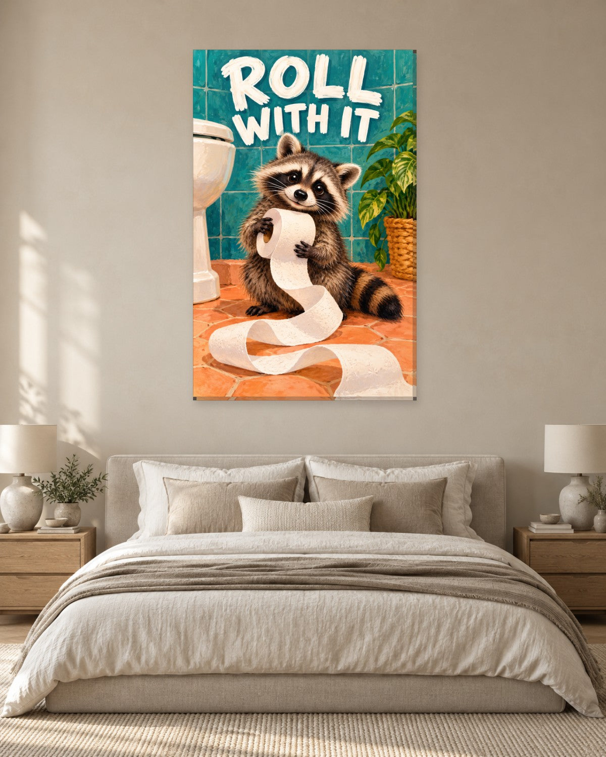 Grinning raccoon hugging an unrolled toilet roll under Roll With It lettering on teal tiles – funny bathroom canvas