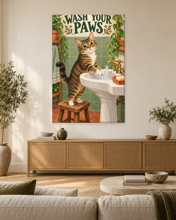 Tabby cat on a stool washing its paws at a pedestal sink under a Wash Your Paws sign – kids bathroom canvas