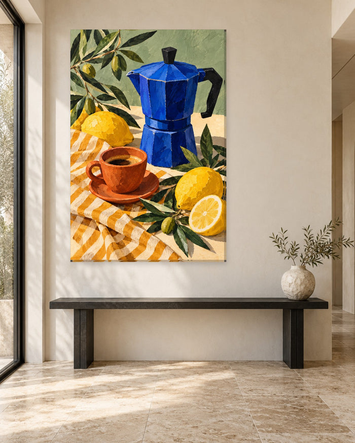 Cobalt blue moka pot with lemons, olive branches and an espresso cup on yellow gingham – tall kitchen canvas