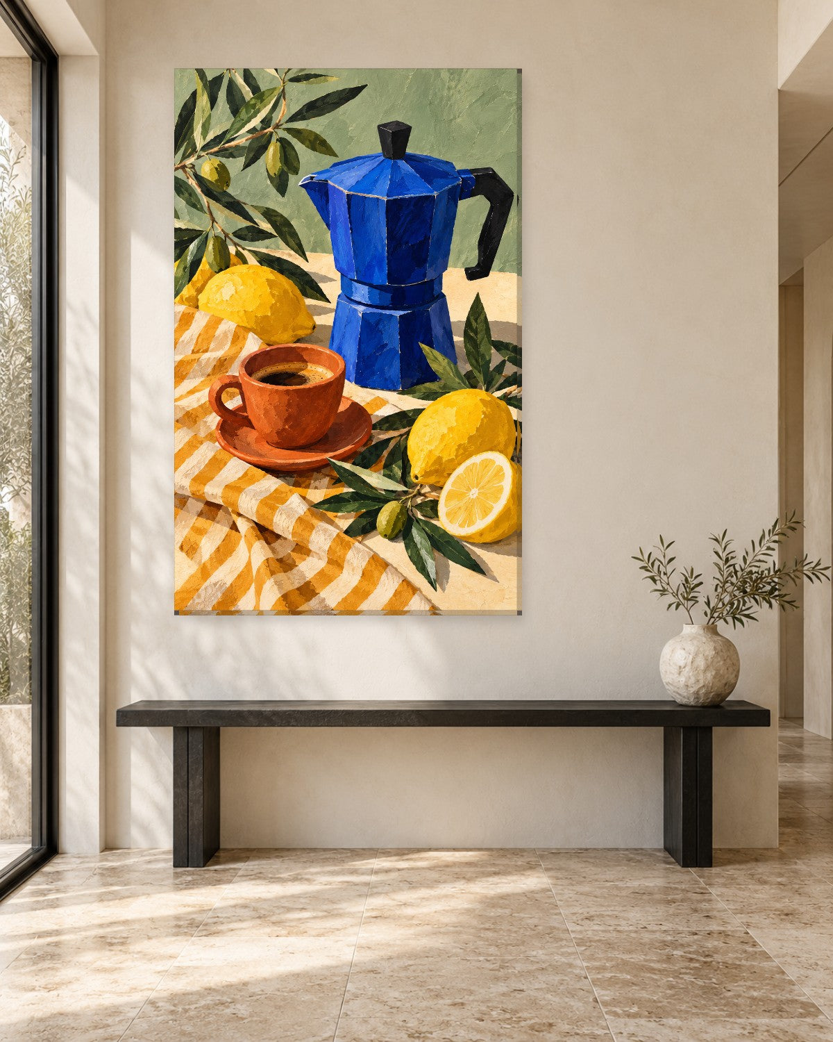 Cobalt blue moka pot with lemons, olive branches and an espresso cup on yellow gingham – tall kitchen canvas