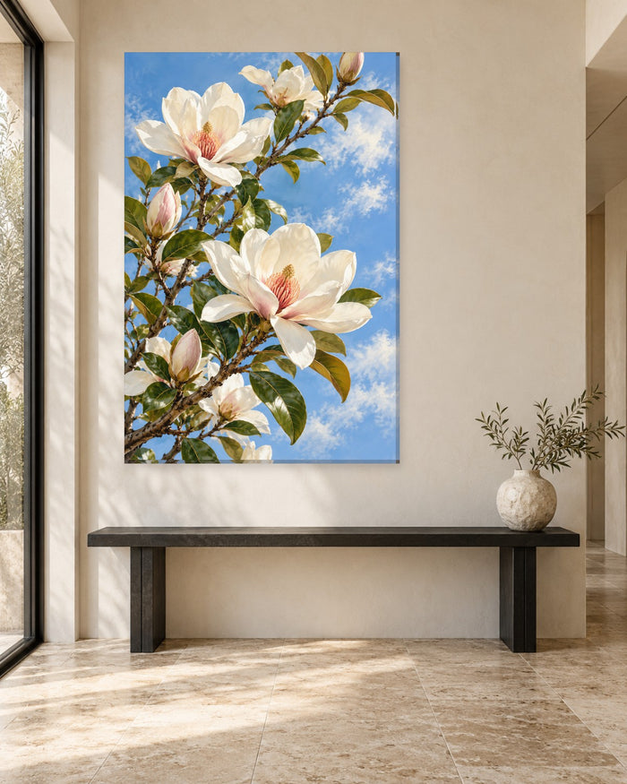 White magnolia flowers with blush pink centres on a branch against a blue sky – tall floral canvas wall art