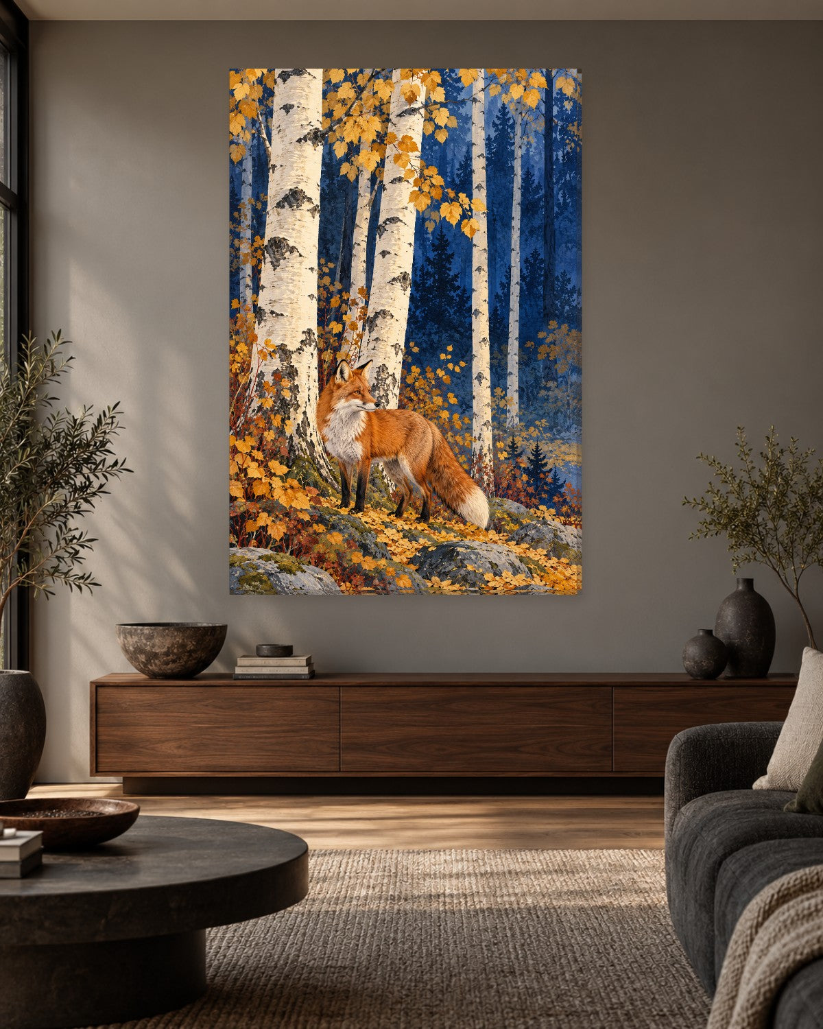 Red fox on a mossy rock among silver birch trees and falling golden leaves – tall autumn fox canvas wall art