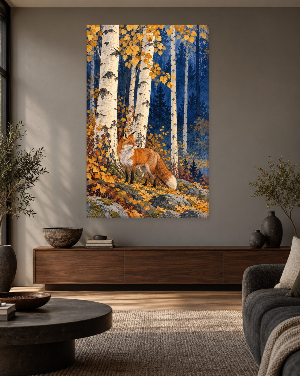 Red fox on a mossy rock among silver birch trees and falling golden leaves – tall autumn fox canvas wall art