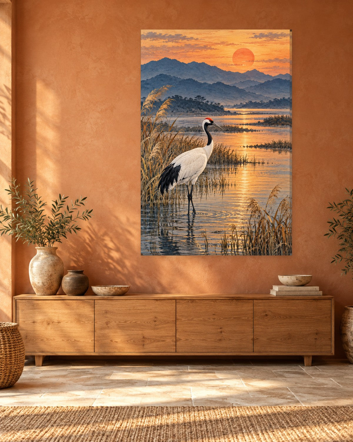 Single red-crowned crane standing in golden reeds at a copper sunset – tall Japanese crane canvas wall art
