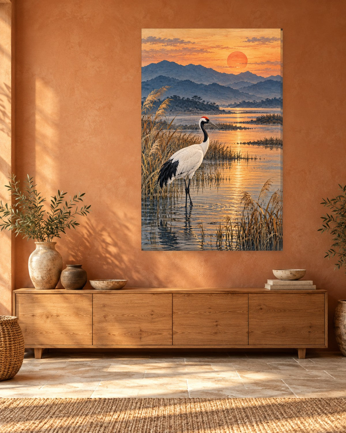 Single red-crowned crane standing in golden reeds at a copper sunset – tall Japanese crane canvas wall art