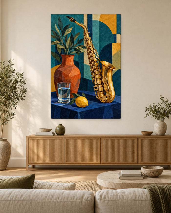 Gold saxophone beside a terracotta vase and lemon against indigo and teal cubist shapes – tall saxophone canvas