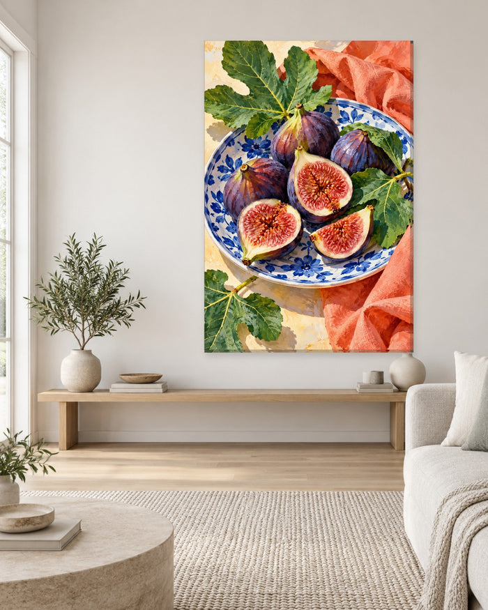 Whole and halved purple figs on a blue and white floral plate with fig leaves, seen from above – tall kitchen canvas