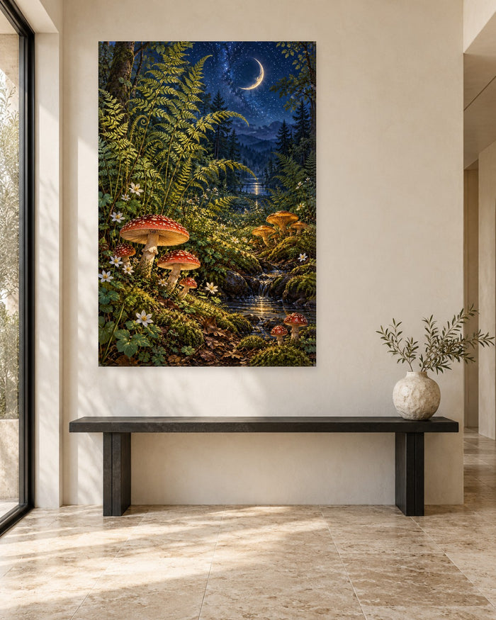 Red spotted toadstools and ferns beside a moonlit stream under a crescent moon – tall toadstool canvas wall art