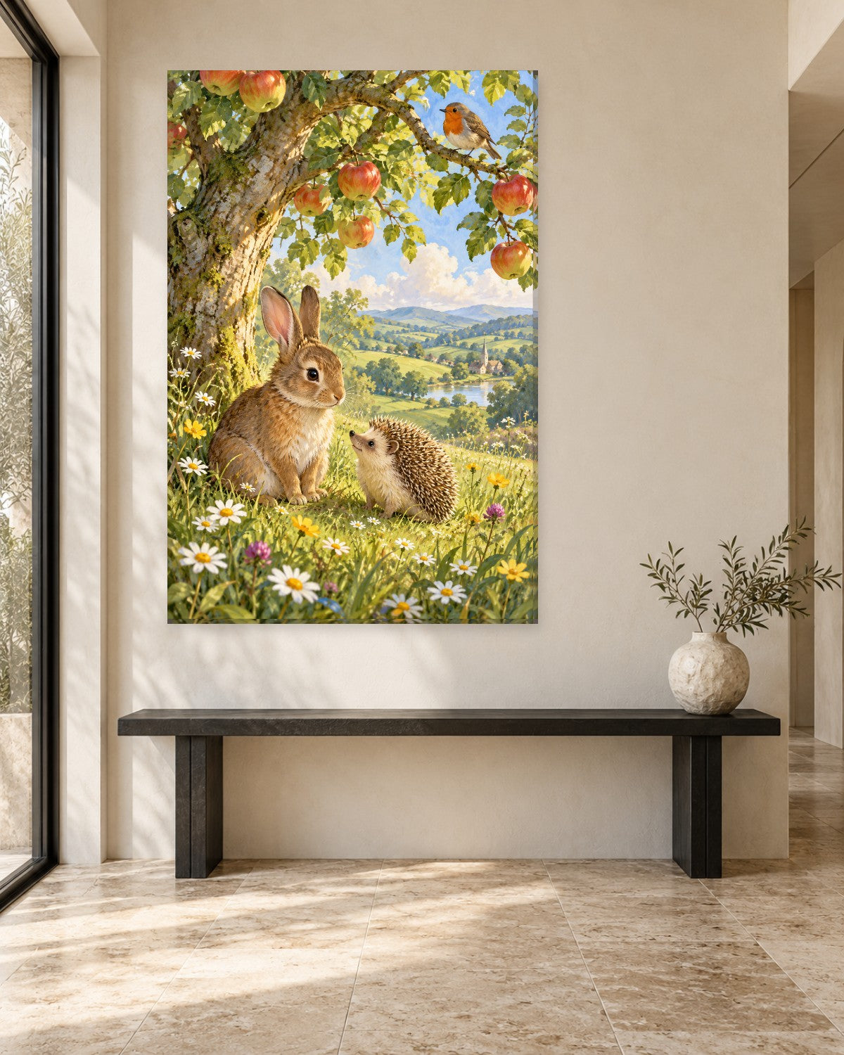Brown bunny and hedgehog among daisies under an apple tree with a robin – tall bunny nursery canvas wall art