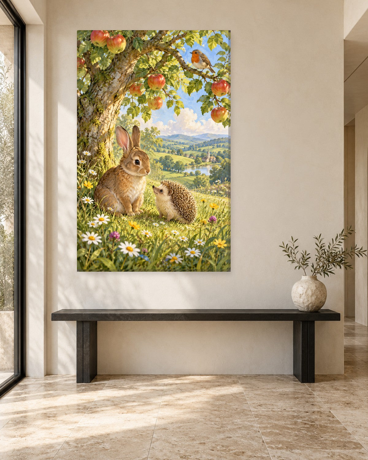 Brown bunny and hedgehog among daisies under an apple tree with a robin – tall bunny nursery canvas wall art