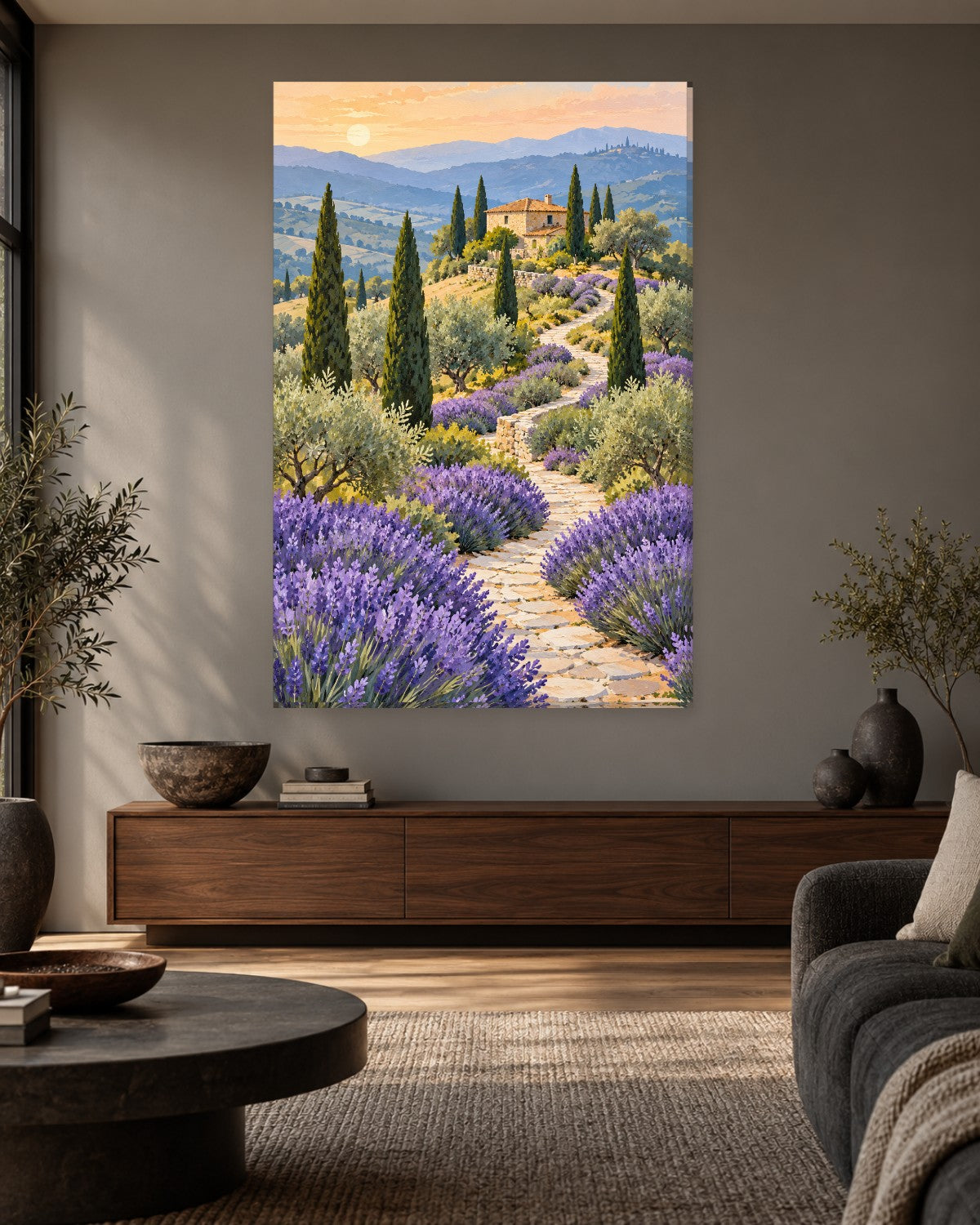 Stone path through lavender and cypress trees to a farmhouse at sunset – tall lavender field canvas wall art