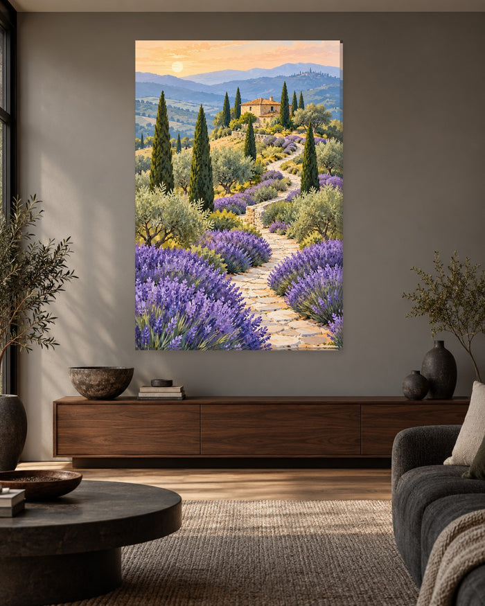 Stone path through lavender and cypress trees to a farmhouse at sunset – tall lavender field canvas wall art