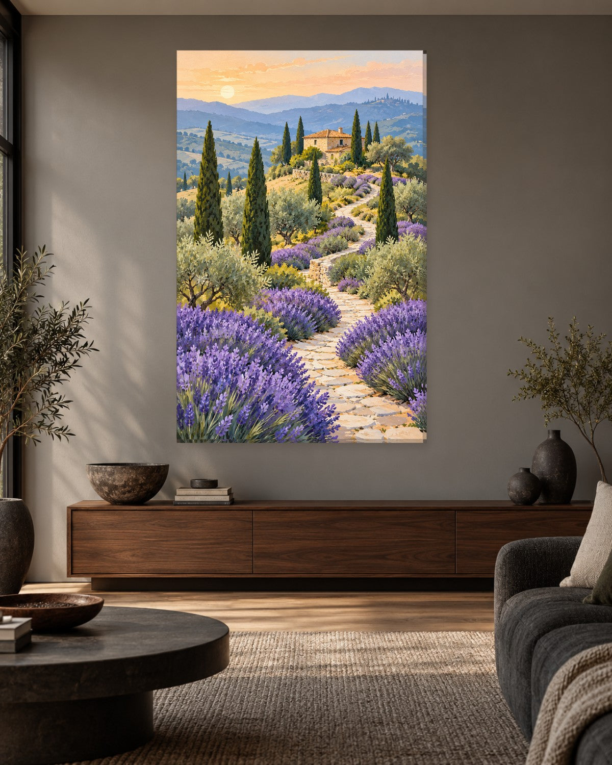 Stone path through lavender and cypress trees to a farmhouse at sunset – tall lavender field canvas wall art
