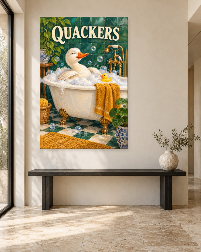 Duck Bathroom Wall Art - White Duck in a Bubble Bath with a Rubber Duck, Tall Green and Mustard Canvas - Gallery Canvas - 38mm / 48 x 32 / Unframed preview