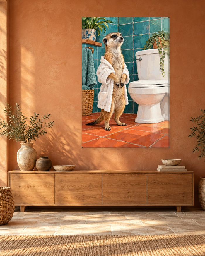 Meerkat Bathroom Wall Art - Meerkat in a Fluffy Bathrobe Beside the Loo, Tall Teal and Terracotta Canvas - Gallery Canvas - 38mm / 48 x 32 / Unframed preview