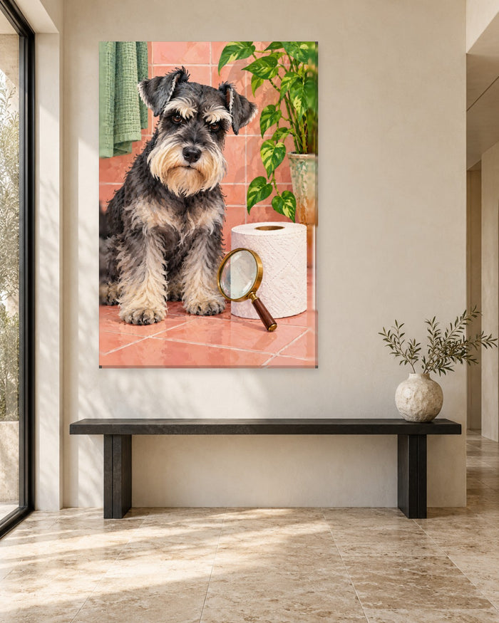 Schnauzer Bathroom Wall Art - Grey Schnauzer with a Magnifying Glass and Loo Roll, Tall Peach Canvas - Gallery Canvas - 38mm / 48 x 32 / Unframed preview