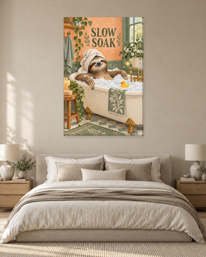 Sloth Bathroom Wall Art - Smiling Sloth in a Towel Turban in a Bubble Bath, Tall Peach and Sage Canvas - Gallery Canvas - 38mm / 48 x 32 / Unframed preview