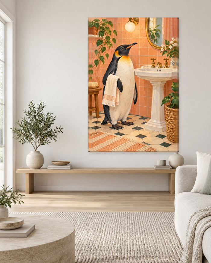 Penguin Bathroom Wall Art - Penguin Holding a Towel Beside a Pedestal Sink, Tall Peach and Gold Canvas - Gallery Canvas - 38mm / 48 x 32 / Unframed preview