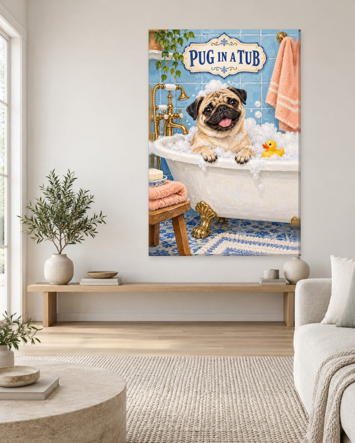 Pug Bathroom Wall Art - Happy Pug in a Clawfoot Bubble Bath with a Rubber Duck, Tall Blue and Pink Canvas - Gallery Canvas - 38mm / 48 x 32 / Unframed preview