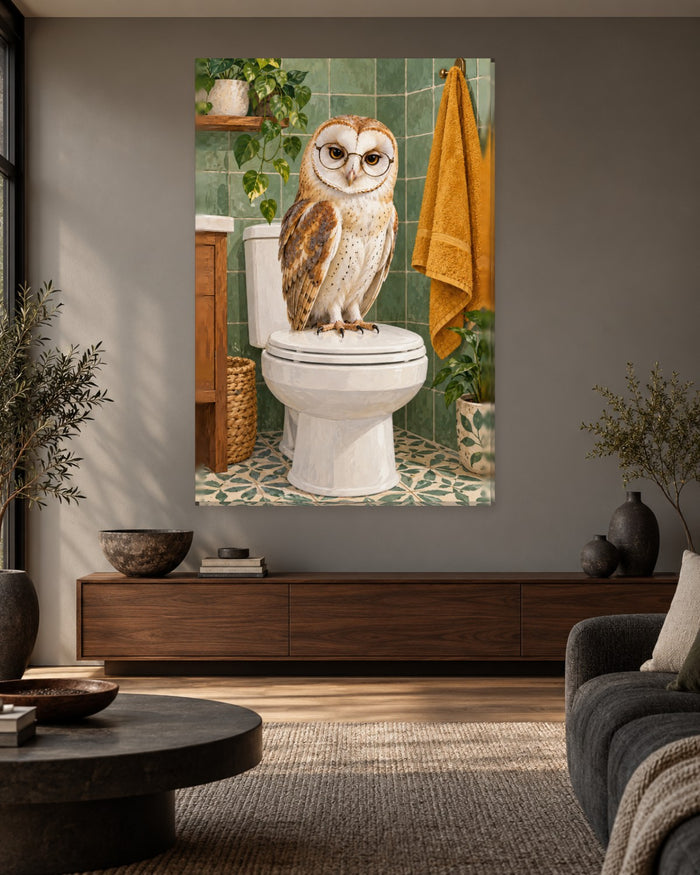 Owl Bathroom Wall Art - Barn Owl in Round Glasses Perched on the Toilet Lid, Tall Sage Green Canvas - Gallery Canvas - 38mm / 48 x 32 / Unframed preview