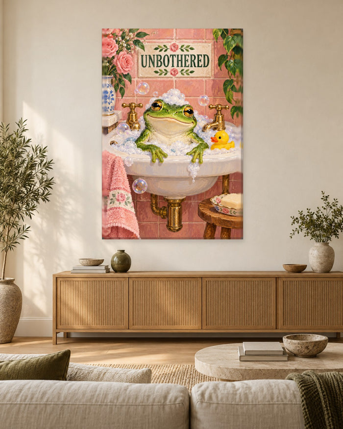 Frog Bathroom Wall Art - Smug Green Frog in a Bubble-Filled Sink, Tall Pink Rose Tiled Canvas - Gallery Canvas - 38mm / 48 x 32 / Unframed preview