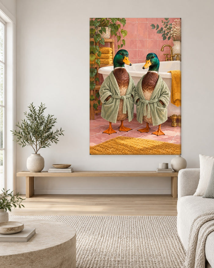 Mallard Duck Bathroom Wall Art - Two Mallards in Matching Sage Bathrobes, Tall Pink Tiled Canvas - Gallery Canvas - 38mm / 48 x 32 / Unframed preview