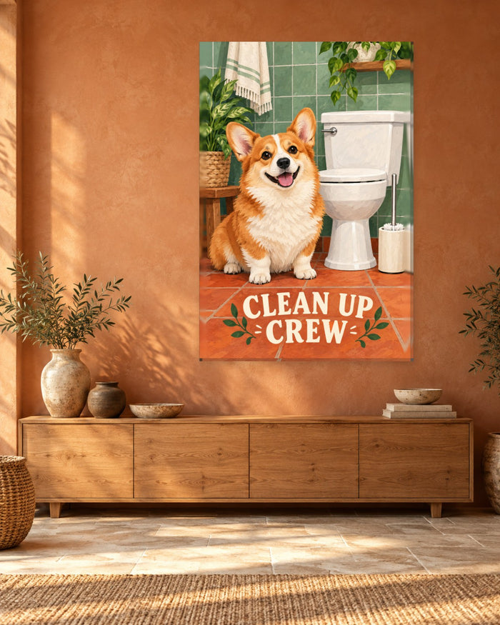 Corgi Bathroom Wall Art - Smiling Corgi Beside the Toilet and Brush, Tall Sage and Terracotta Canvas - Gallery Canvas - 38mm / 48 x 32 / Unframed preview