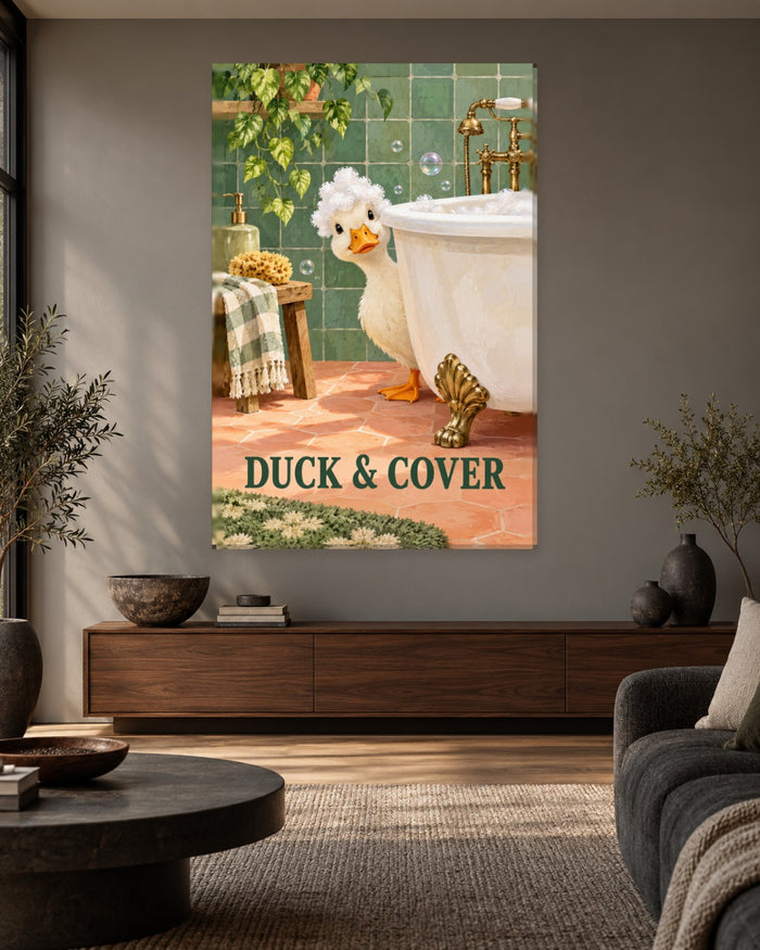 Duck Bathroom Wall Art - White Duckling with Bubble Hair Peeking Round a Clawfoot Bath, Tall Sage Canvas - Gallery Canvas - 38mm / 48 x 32 / Unframed preview