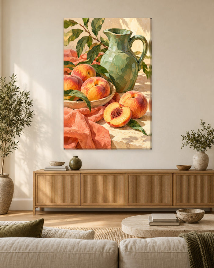 Peach Kitchen Wall Art - Ripe Peaches in a Bowl Beside a Sage Green Jug, Tall Still Life Canvas - Gallery Canvas - 38mm / 48 x 32 / Unframed preview