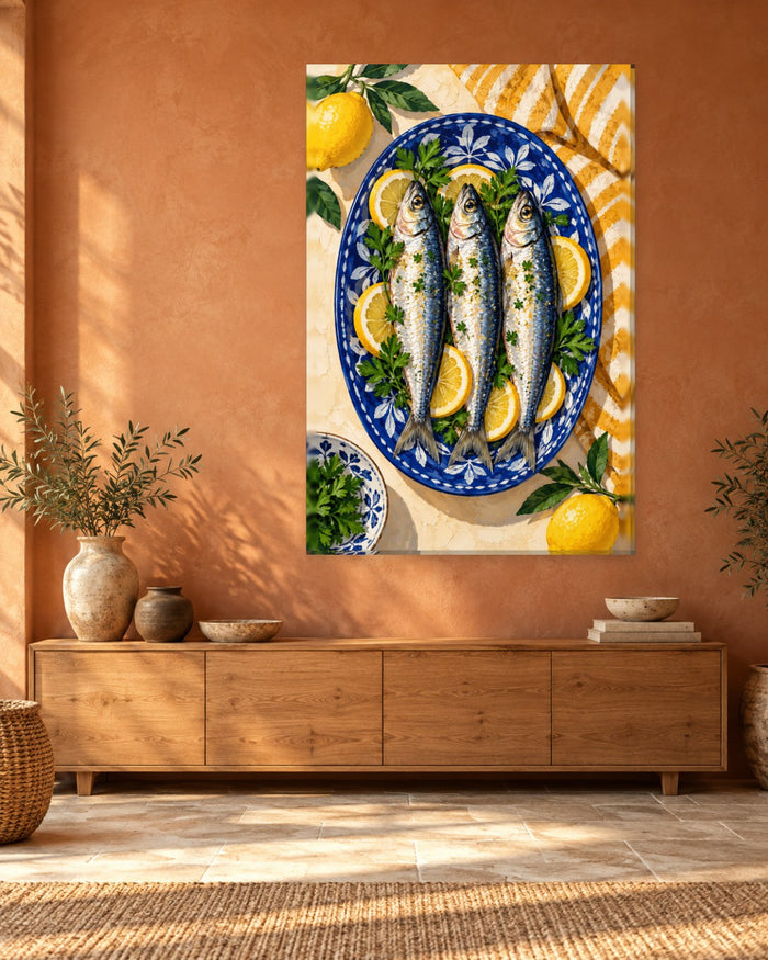 Sardine Kitchen Wall Art - Three Sardines with Lemon and Parsley on a Blue Platter, Tall Mediterranean Canvas - Gallery Canvas - 38mm / 48 x 32 / Unframed preview