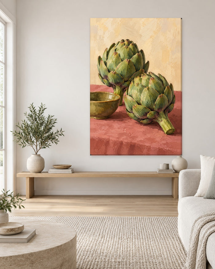 Artichoke Wall Art - Two Green Globe Artichokes and an Olive Bowl on Dusty Pink Cloth, Tall Kitchen Canvas - Gallery Canvas - 38mm / 48 x 32 / Unframed preview