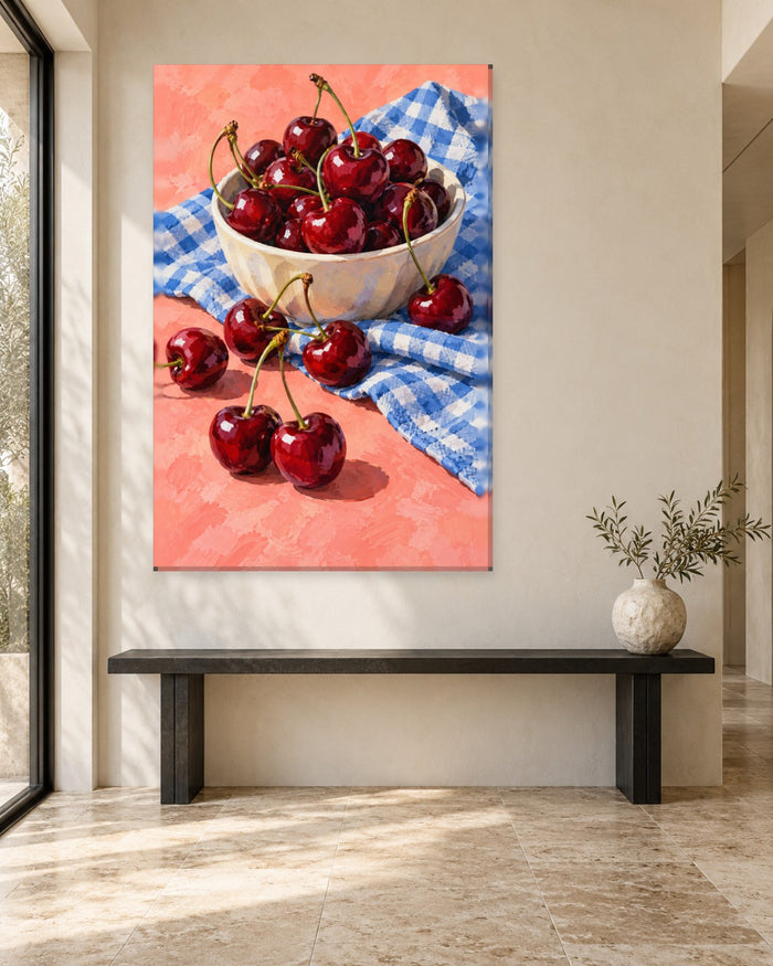 Cherry Wall Art - Dark Red Cherries in a Cream Bowl on Blue Gingham, Tall Coral Pink Kitchen Canvas - Gallery Canvas - 38mm / 48 x 32 / Unframed preview
