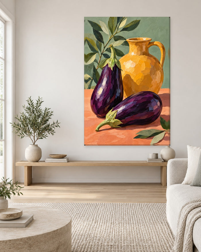 Aubergine Wall Art - Two Purple Aubergines Beside an Ochre Jug and Leafy Sprig, Tall Sage Green Canvas - Gallery Canvas - 38mm / 48 x 32 / Unframed preview
