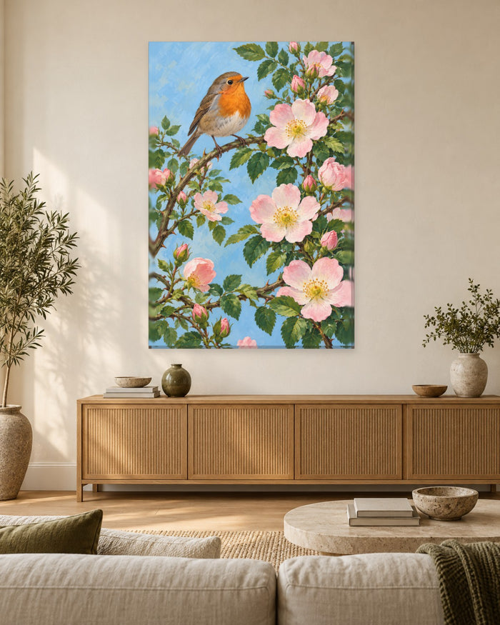 Robin Wall Art - Robin on a Wild Dog Rose Branch with Pale Pink Blossoms, Tall Sky Blue Bird Canvas - Gallery Canvas - 38mm / 48 x 32 / Unframed preview