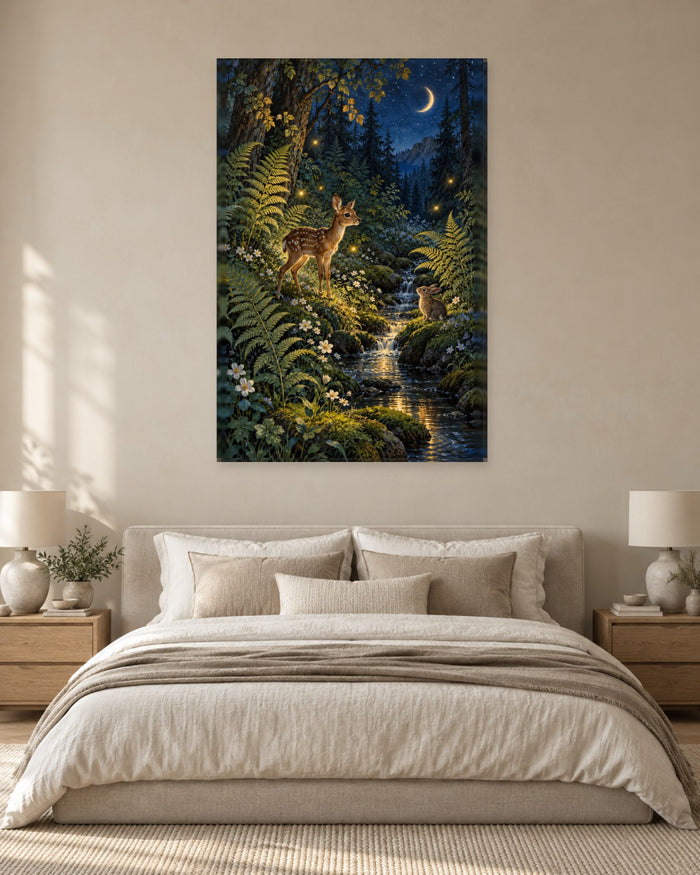Deer Fawn Wall Art - Spotted Fawn and Rabbit by a Moonlit Forest Stream with Fireflies, Tall Woodland Canvas - Gallery Canvas - 38mm / 48 x 32 / Unframed preview