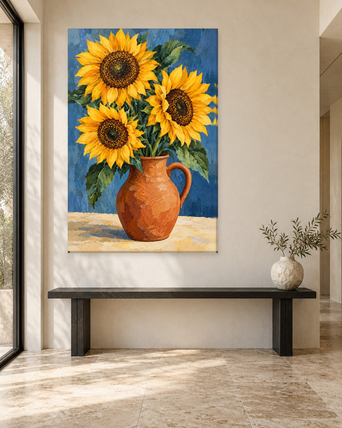 Sunflower Wall Art - Three Yellow Sunflowers in a Terracotta Jug on Cobalt Blue, Tall Floral Still Life Canvas - Gallery Canvas - 38mm / 48 x 32 / Unframed preview