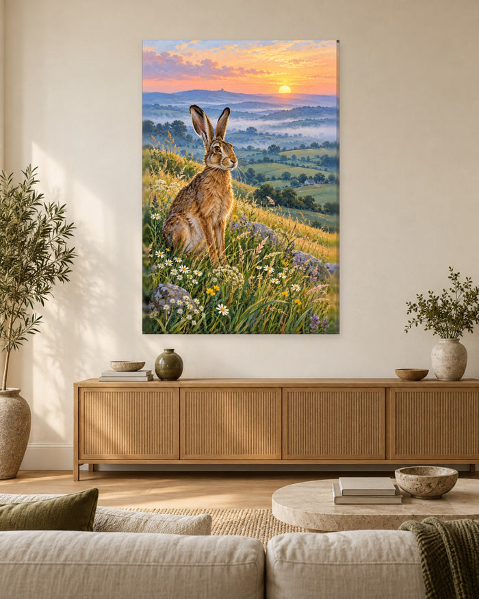Hare Wall Art - Brown Hare Sitting Among Daisies on a Hillside at Sunrise, Tall Countryside Canvas - Gallery Canvas - 38mm / 48 x 32 / Unframed preview