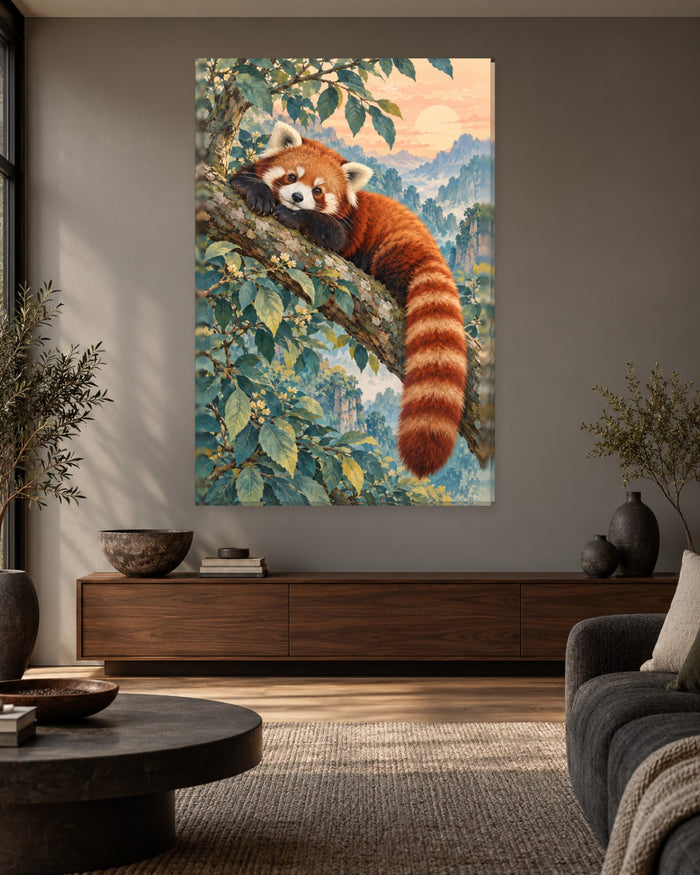Red Panda Wall Art - Red Panda Resting on a Mossy Branch Above Misty Mountains, Tall Rust and Teal Canvas - Gallery Canvas - 38mm / 48 x 32 / Unframed preview