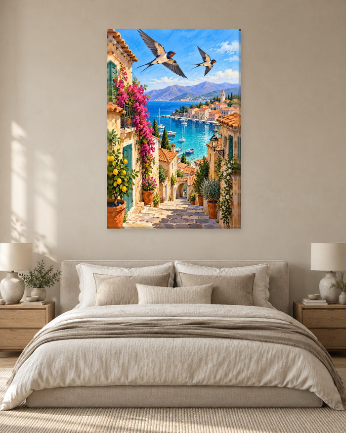 Mediterranean Harbour Wall Art - Swallows Above Boats, Bougainvillea and Stone Steps, Tall Coastal Canvas - Gallery Canvas - 38mm / 48 x 32 / Unframed preview