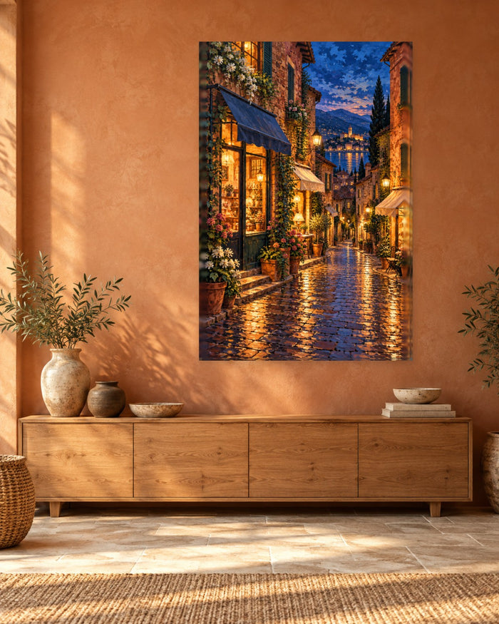 Italian Street Wall Art - Rain-Washed Cobbled Lane with Glowing Shop Windows at Dusk, Tall Evening Canvas - Gallery Canvas - 38mm / 48 x 32 / Unframed preview