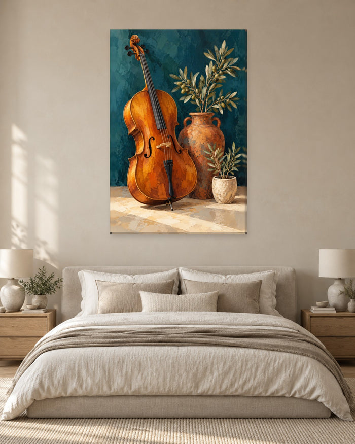 Cello Wall Art - Amber Cello Beside a Terracotta Urn of Olive Branches on Deep Teal, Tall Music Canvas - Gallery Canvas - 38mm / 48 x 32 / Unframed preview