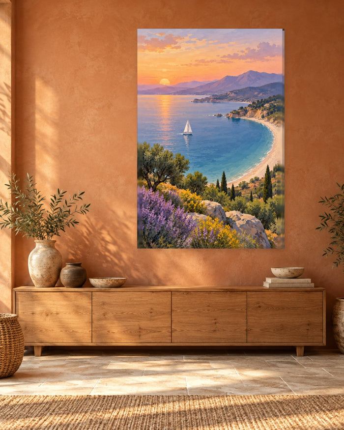 Mediterranean Coast Wall Art - Sailboat in a Turquoise Bay at Sunset with Wild Lavender, Tall Apricot Canvas - Gallery Canvas - 38mm / 48 x 32 / Unframed preview