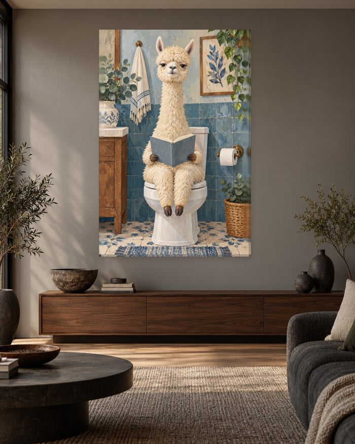 Alpaca Bathroom Wall Art - Fluffy Alpaca Reading a Book on the Loo, Tall Blue Tile Canvas - Gallery Canvas - 38mm / 48 x 32 / Unframed preview