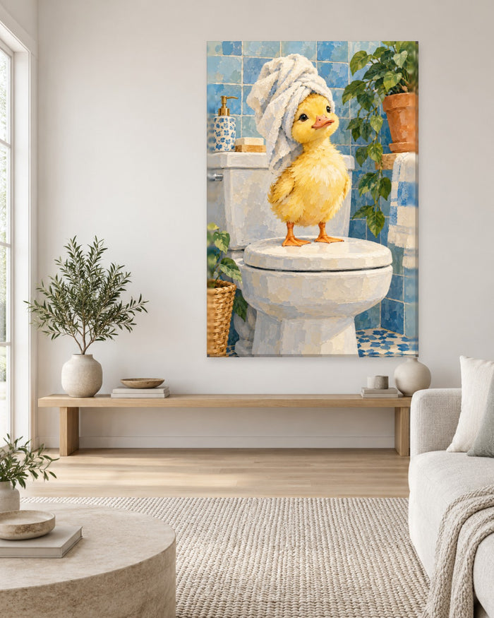 Duckling Bathroom Wall Art - Yellow Duckling in a Towel Turban on the Toilet Lid, Tall Blue Tile Canvas - Gallery Canvas - 38mm / 48 x 32 / Unframed preview