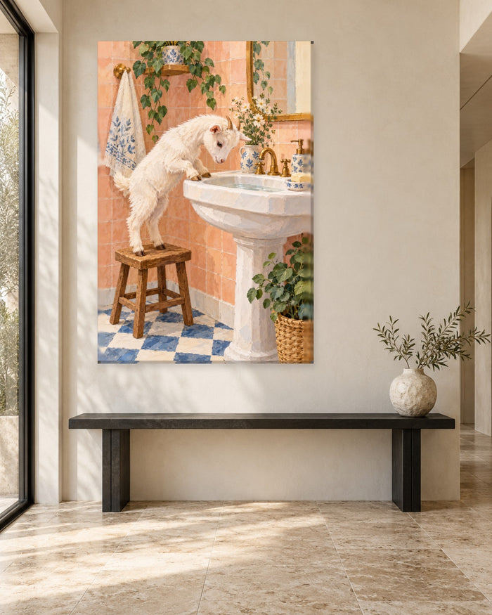 Goat Bathroom Wall Art - White Baby Goat on a Stool Peering into the Sink, Tall Peach and Blue Canvas - Gallery Canvas - 38mm / 48 x 32 / Unframed preview
