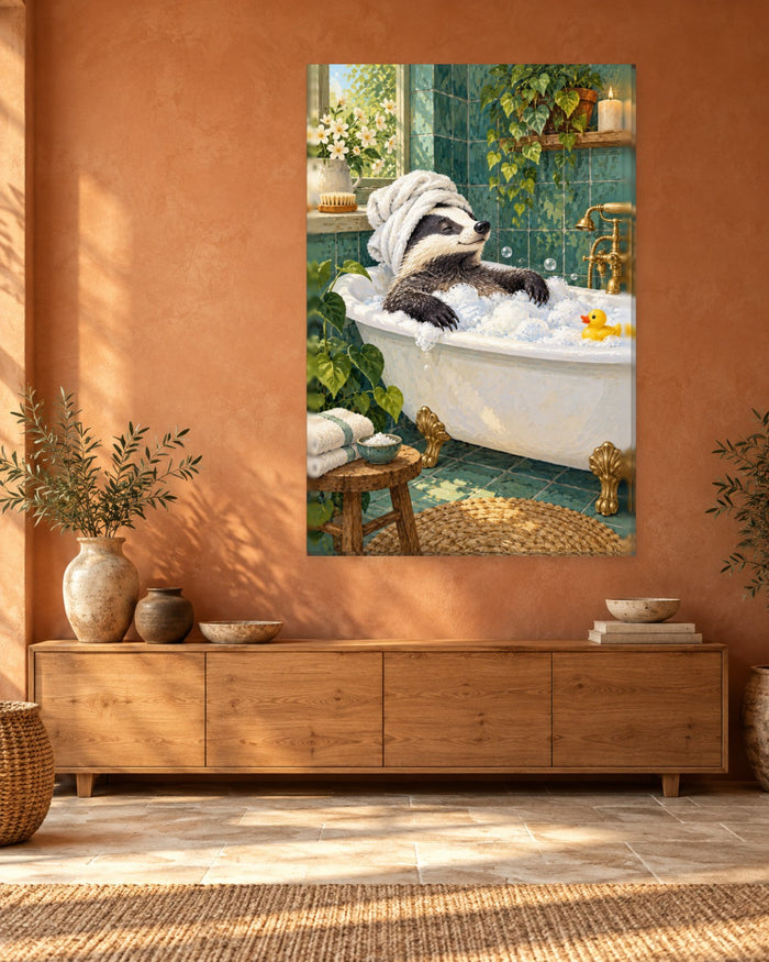 Badger Bathroom Wall Art - Badger in a Towel Turban Relaxing in a Bubble Bath, Tall Green Tile Canvas - Gallery Canvas - 38mm / 48 x 32 / Unframed preview