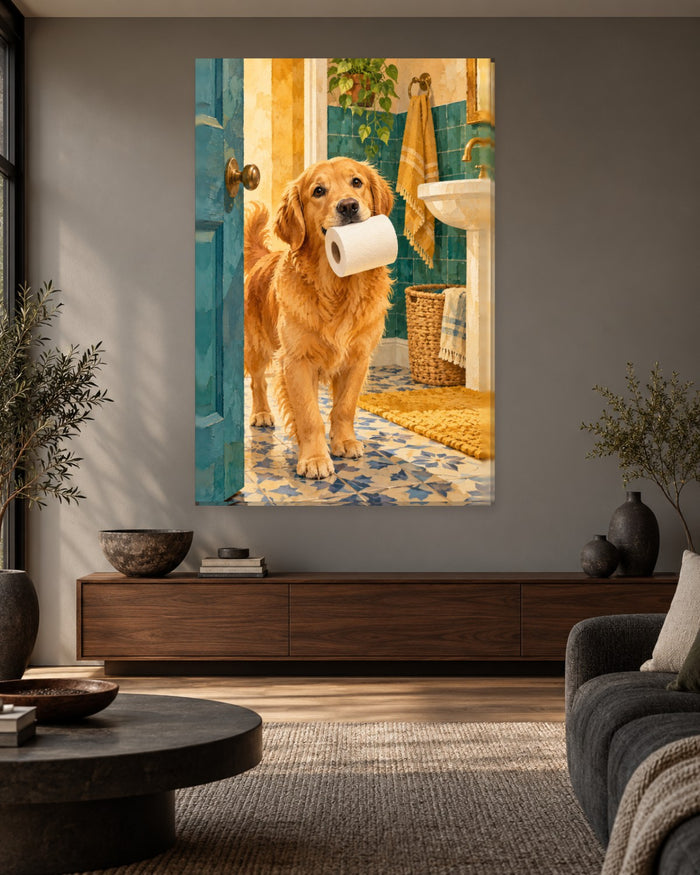 Golden Retriever Bathroom Wall Art - Dog Delivering a Toilet Roll Through the Door, Tall Teal Canvas - Gallery Canvas - 38mm / 48 x 32 / Unframed preview